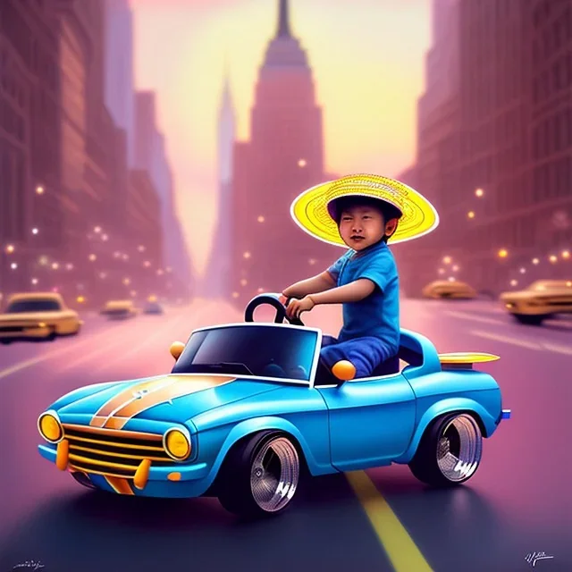 A one-year-old boy rides in the plastic funny toy-car on the middle of a busy street in new york. He has and a large-brimmed straw hat. somehow photographic bright colors and sunset, fantasy art, Anna Dittmann, digital painting, dan mumford, oil on canvas, jeff koons, akihito yoshida, wlop, kodachrome,