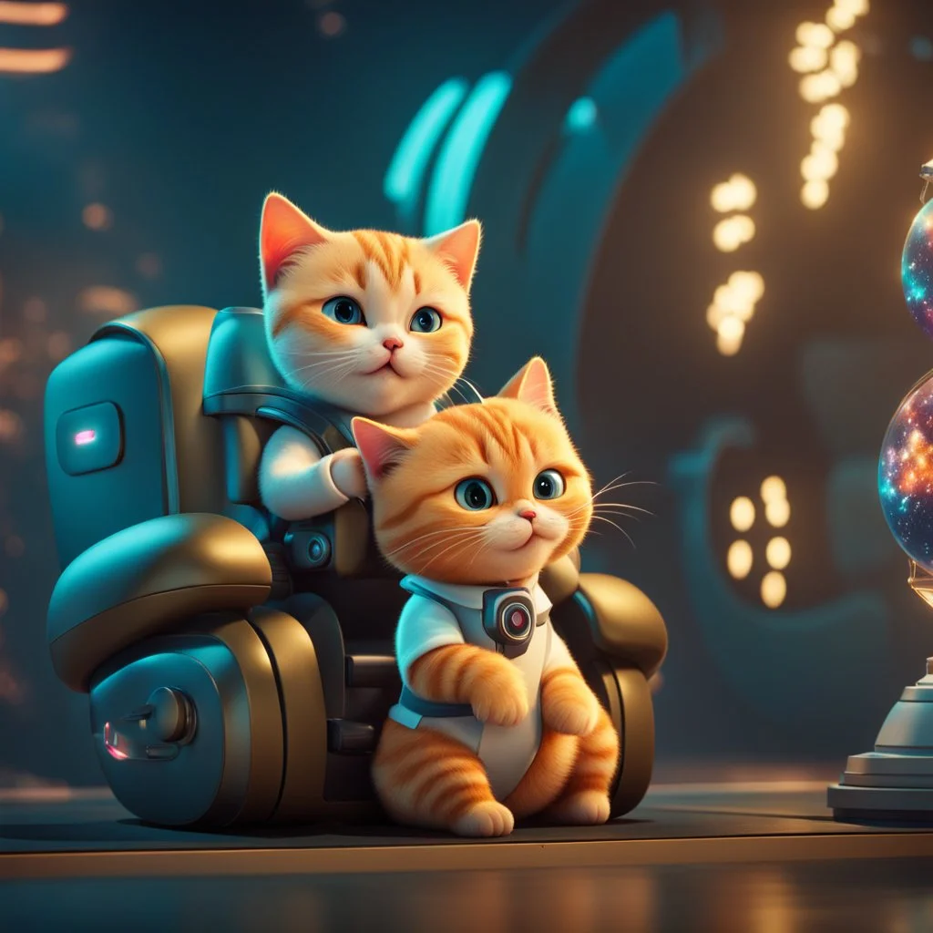 (masterpiece, best quality, 8k, RAW photo, beautiful and aesthetic:1.2), complex detail, Indirect light, photorealistic, (((full body))), Cosmic Boss Baby style smiling, bald, with a ginger cat companion, colorfull Sci-Fi environment