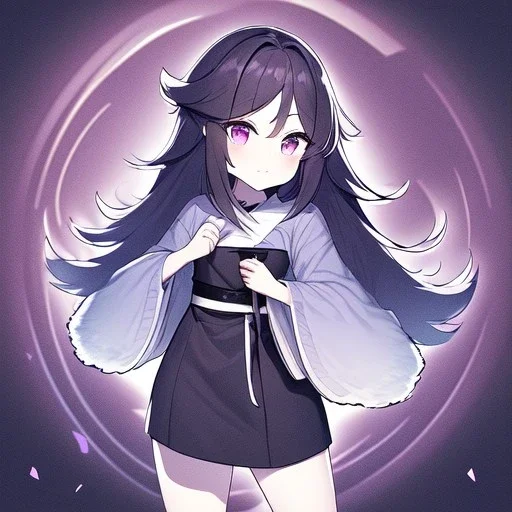 Clear focus, High resolution, rough line art, cute, cartoon, black long fluffy hair, chopped bangs, wearing a kimono with a short skirt, purple eyes, 1girl (solo)