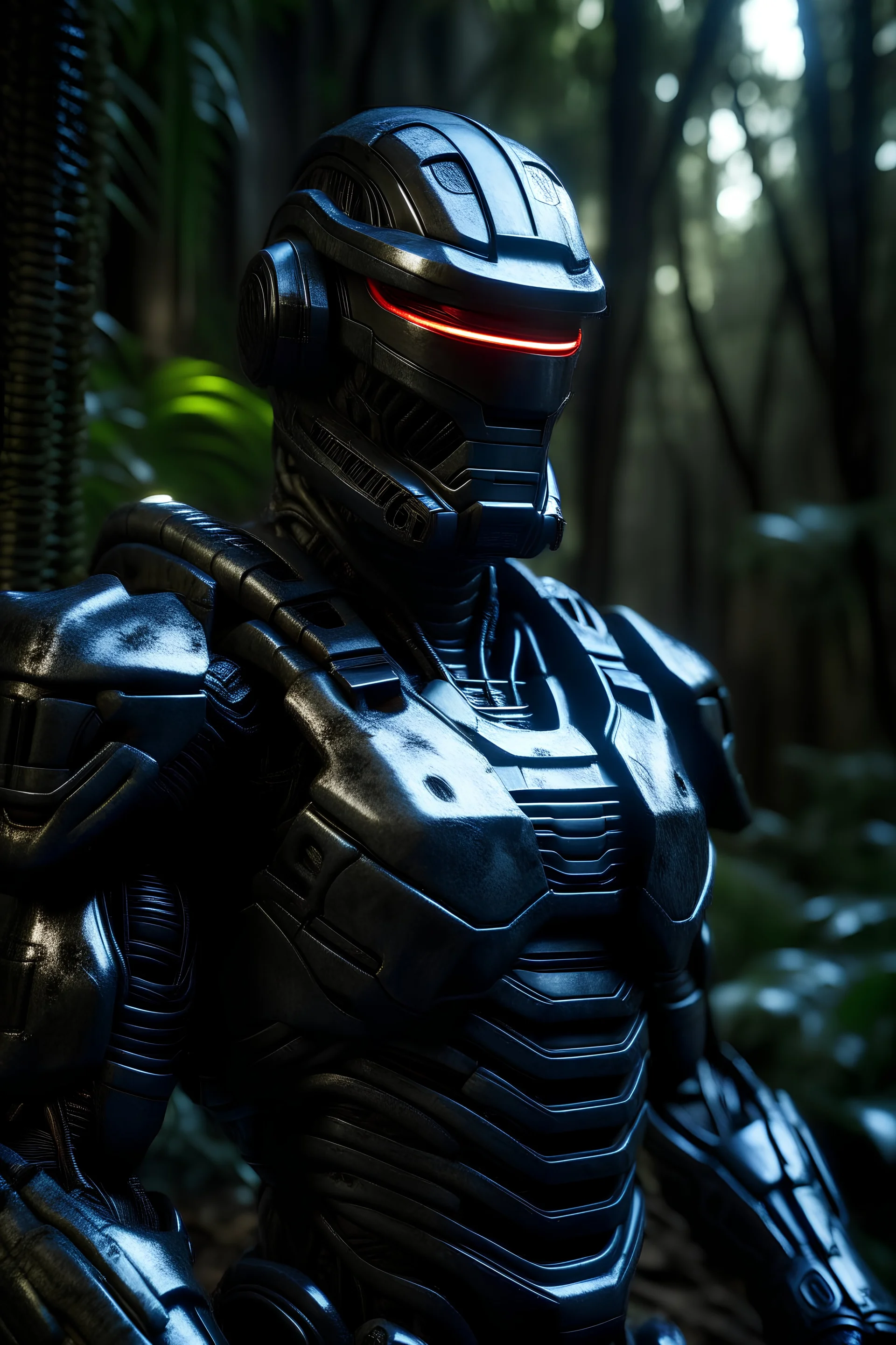 Robocop, jungle, hdr, (intricate details, hyperdetailed:1.16), whole body, piercing look, cinematic, intense, cinematic composition, cinematic lighting, color grading, focused, (dark background:1.1), hdr, hd