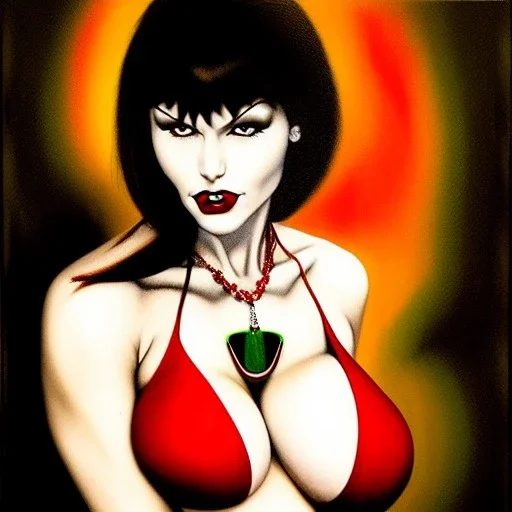 oil Portrait of adult busty beautiful Vampirella with green sad eyes looking to viewer, nose piercing,with ruby necklace by Simon Bisley and Frank Frazetta 8k