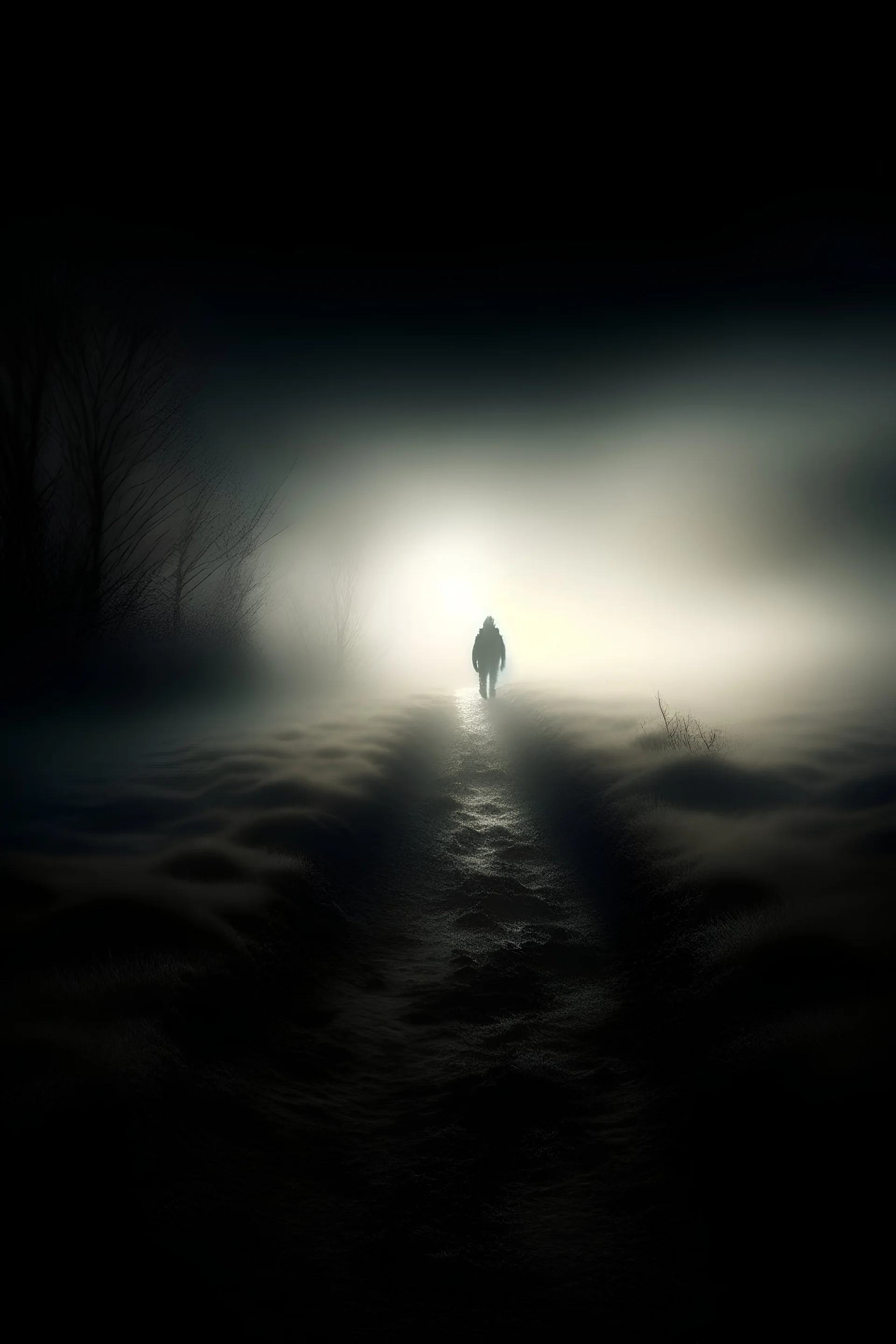 The background features a pervasive mist, while the focal point is a determined individual moving forward. In the far distance, there is a faint glow breaking through.