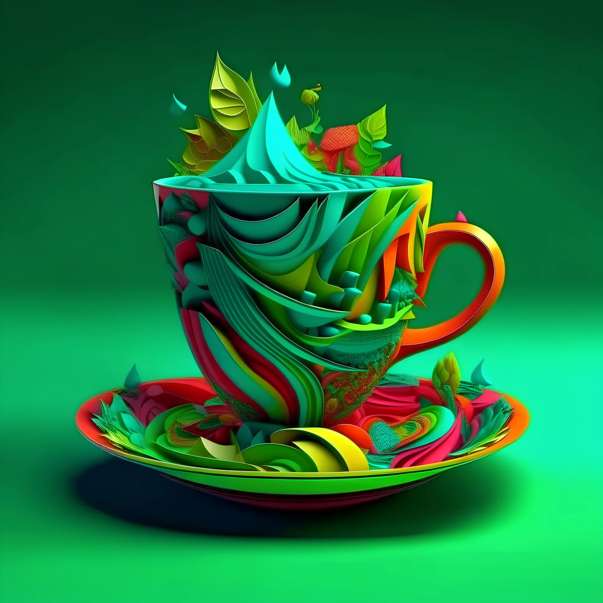 a cup of green tea design, complex, trippy, bunchy, 3d lighting, 3d, realistic head, colorful, cut out, modern, symmetrical, center, abstract