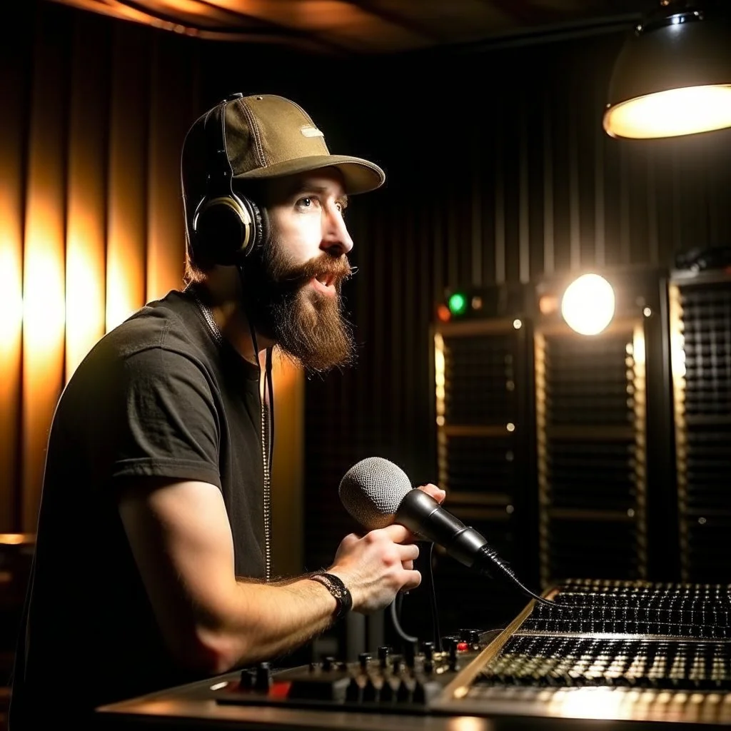 A short brown beard, DJ board,man with a baseball hat sing at microphone, on dance hall , microphones,, laser lights, FRONT VIEW