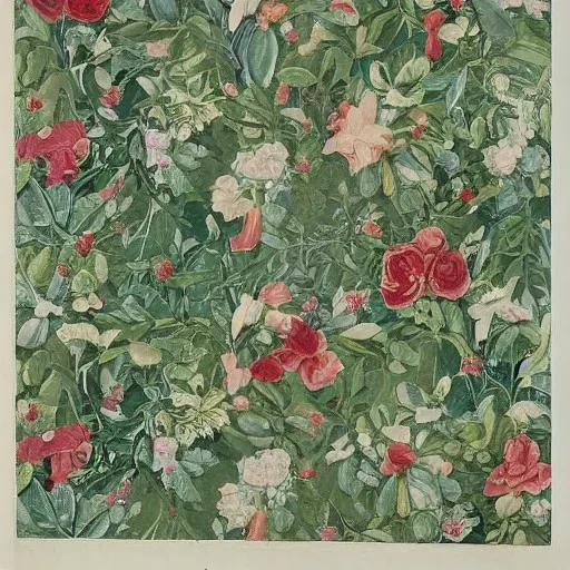 eucalyptus and roses and lilies and orchids and pine and holly in a pattern by PIERRE JOSEPH REDOUTÉ