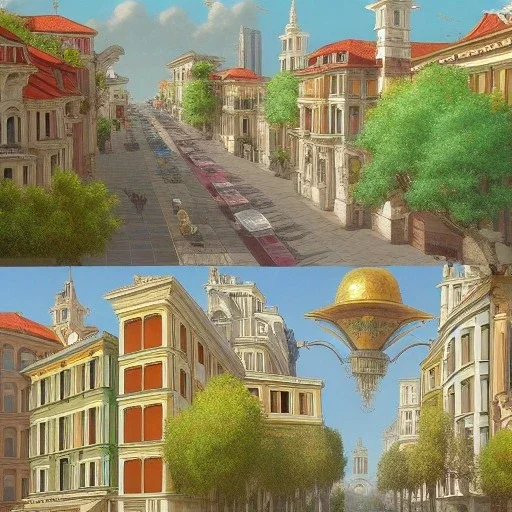 Skyline,Metropolis on sea,Beaux Arts architecture,Vignola classicism+palladio+ colourful town+liveable street+detailed facades+tiles rooftops+green city,uphill road,trees on walkway,elegant avenue, biopunk+alphonse mucha, greg rutkowski,matte painting, cryengine, hyper detailed, felix kelly, fantasy art, seb mckinnon"