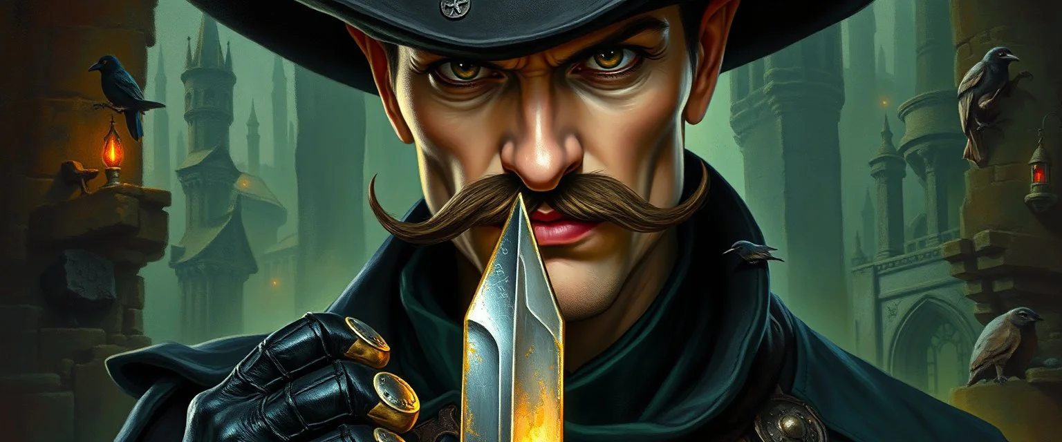 oil paint and airbrush, upper body portrait of clever crow vintage mustache assassin thief quickling juggler man with Damascus steel sacrificial dagger in then elven magical green city of Forgotten Realms, myth drannor