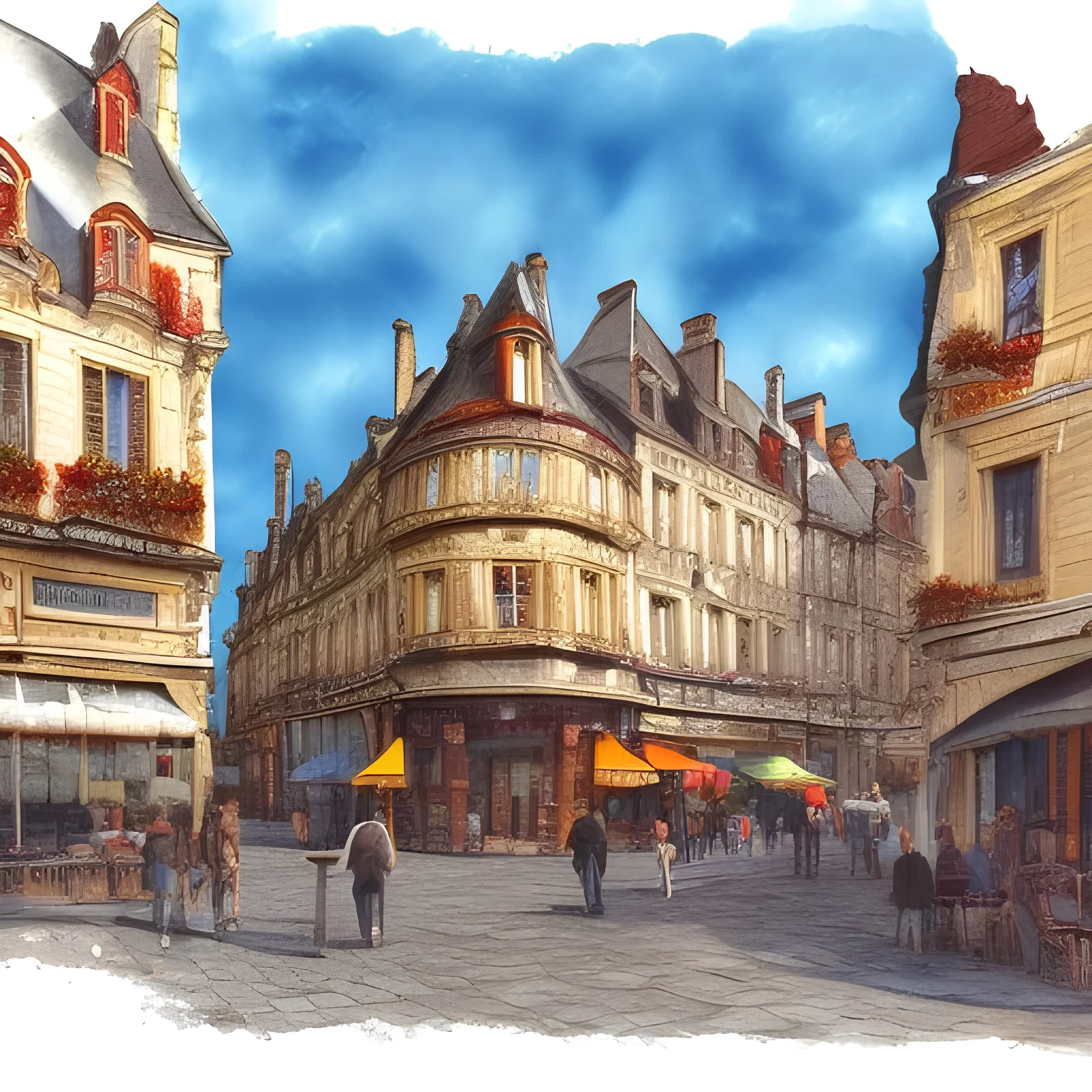 Vue frontale d'un bâtiment dans la ville de Saint MALO, des gens dans la rue, des commerces, c'est le matin, dessin à l'aquarelle