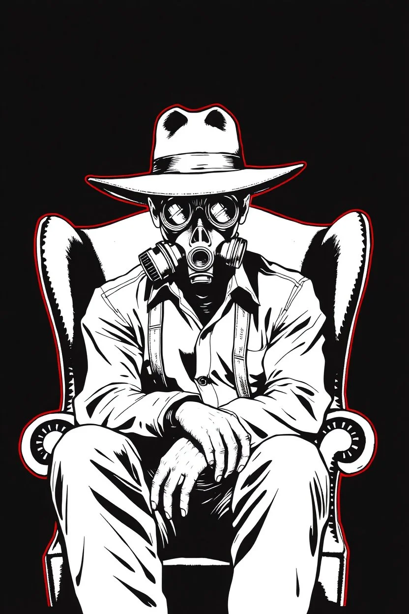 western styles man with hat (wide flat brim flat top) shading face, wearing a gas-mask, sitting forward on a wingback chair, vignette, black and white graphic novel style with a red outline on black background, gothic horror
