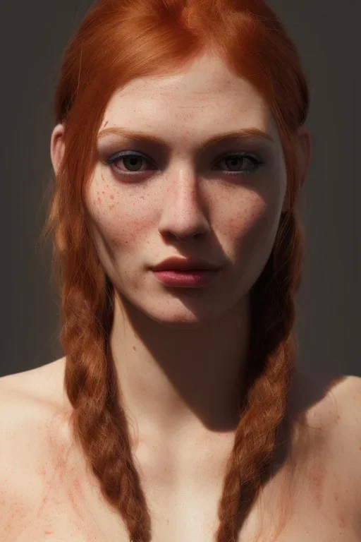 Woman, 90kg, beautiful, orange hair, two braids, bangs, rossi eyes, big eyes, freckles, long eyelashes, Frozen, 8k resolution concept art by Greg Rutkowski