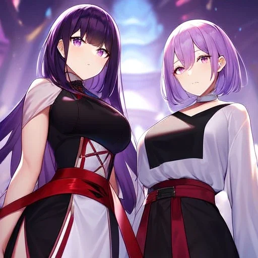 Clear Focus, High resolution, Raiden Ei,glowing purple eyes, purple hair cut with a slit in the hair to split the end up, one long square bang, light purple fluffy shirt thats sliding down but under is a black sleeveless crop top, dark red obi belt, half top of her chest out, wearing a light purple big short split skirt, short black shorts, one sleeve is long and puffy, other is short, short sleeves has black under it, long black stockings, Genshin Impact Woman Model