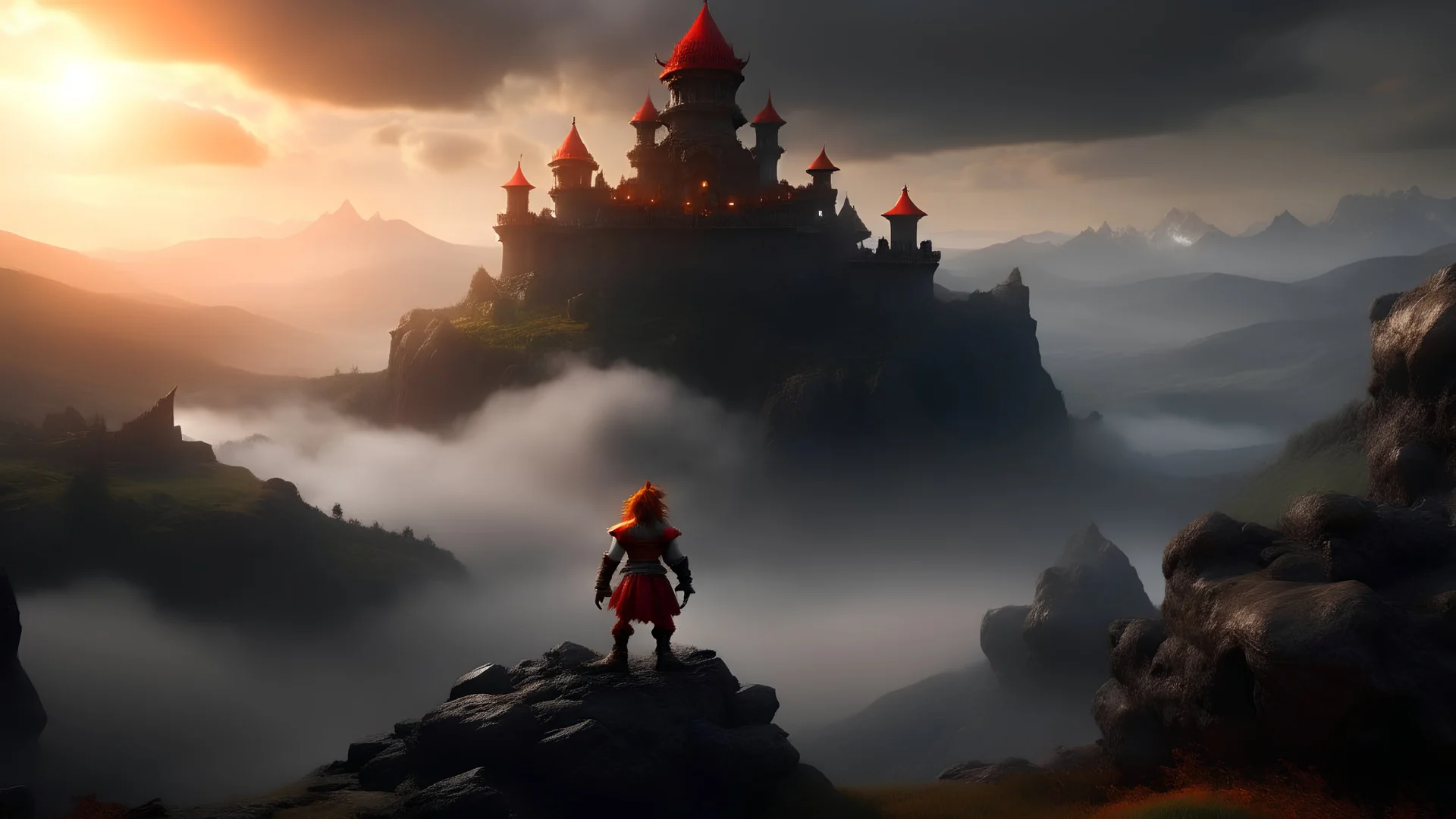 High quality medium shot of Mario on a hill, fantasy, epic, fire, ruins, dragon, demons, landscape, buff, backshot, fog