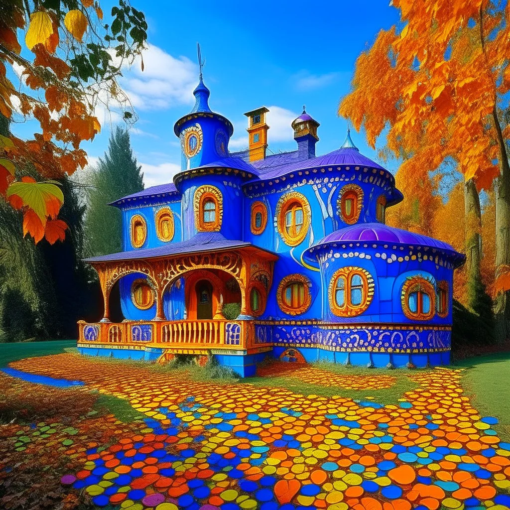 A purplish periwinkle mansion with pumpkins designed in German folk art painted by Wassily Kandinsky
