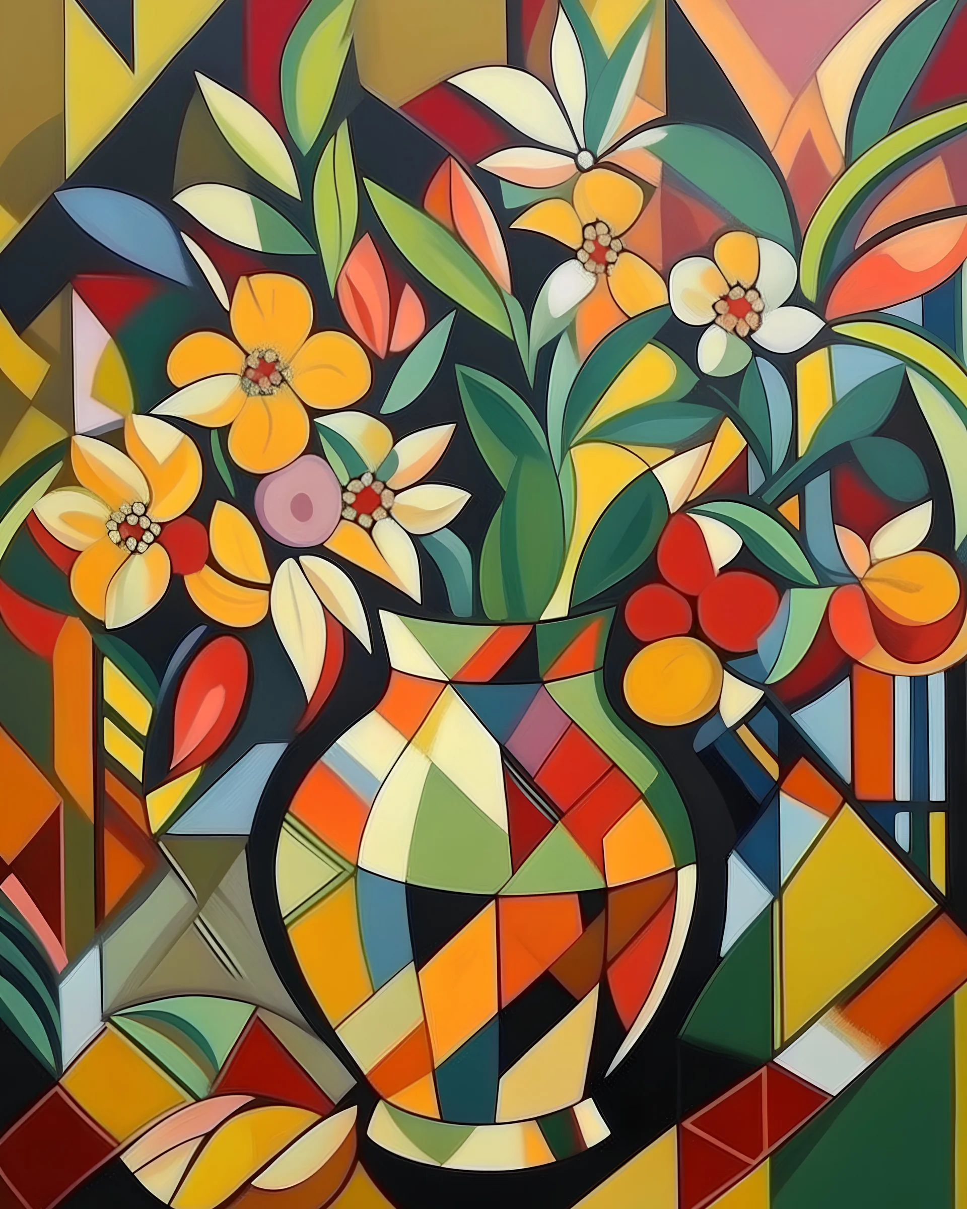 Cubism style, flowers in a Japanese vase.