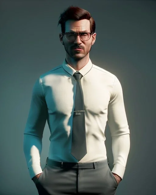Realistic image, hybrid character, minimal muppet head, man body, human arms and hands, Shirt and tie, concept art, Wes Anderson style, smooth, unreal engine 5, god lights, ray tracing, RTX, lumen lighting, ultra detail, volumetric lighting, 3d, finely drawn, high definition, 4k.