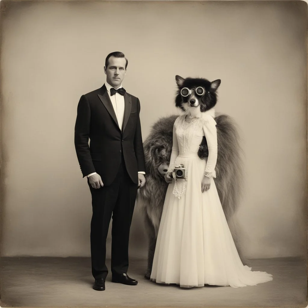 Vintage photo of a bride in her dress and the groom in a classic tuxedo wearing a detailed mechanical camera head, standing next to a weird humanoid partly furry creature with a sad expression, posed formally, neutral background, surreal and whimsical theme, centered composition, early 20th-century photography style.