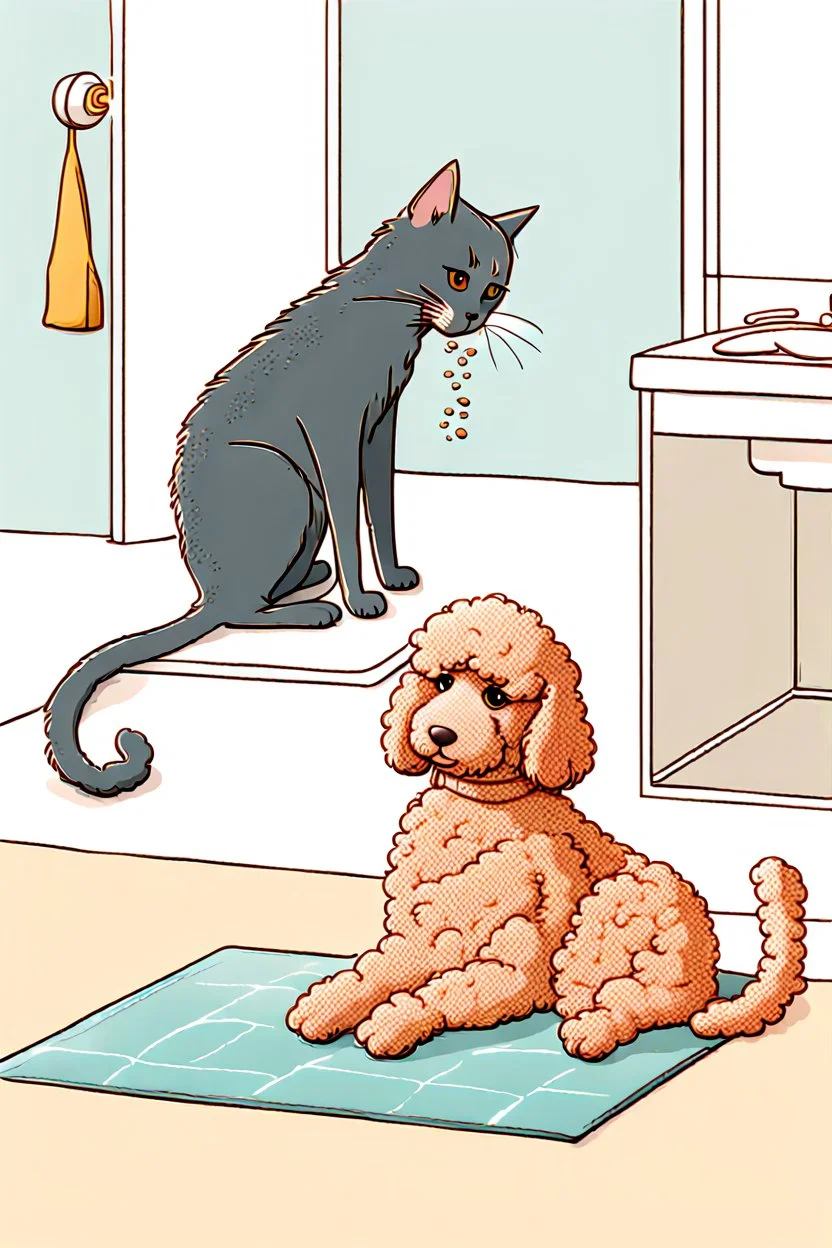 A cat being sick while a poodle licks it up.