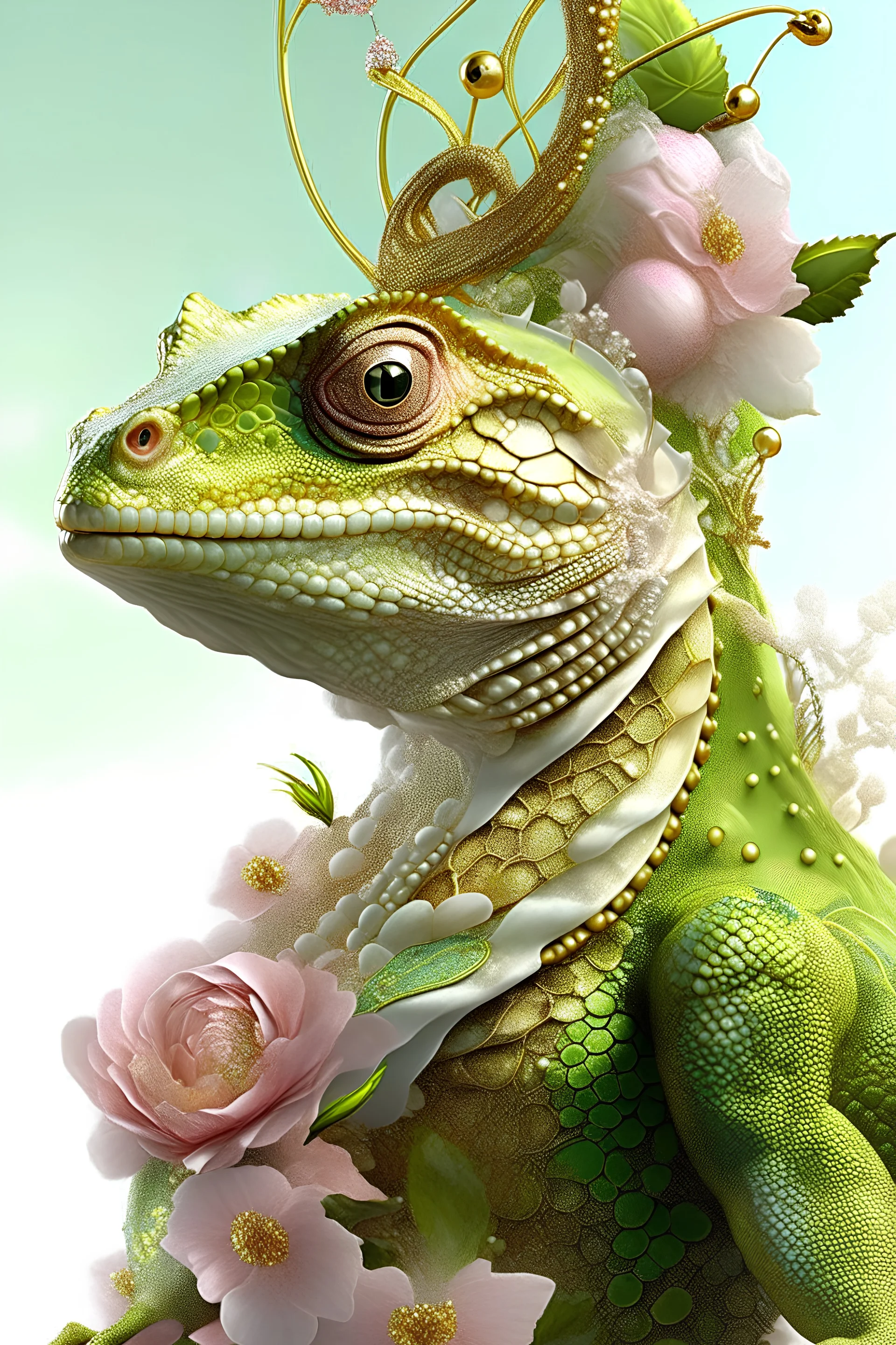 Beautiful Gecko green light pink gradient and gold King front wiev textured detailes skin, portrait, wearing rococo style with hate adorned with white spiders, beads, gold dust pearls organic bio spinal ribbed detail of rococo floral, white wicked background extremely detailed, athmoshpheric, hyperrealistic maximálist concept art