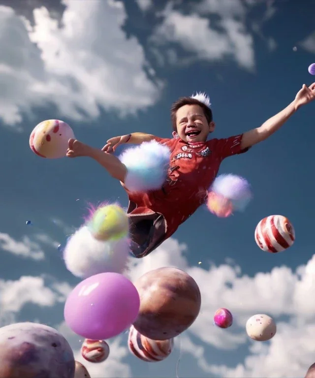 Ultra realistic speed clouds sky scene, wide angle view, childs falling down with many Childs background, circus dress style, feather color, free jumping flying, many trinkets, hair monster, many jelly beans, balls, color smoke, smile, happy, extreme, wind, clouds sea, 20,000 feet altitude, stratosphere, soft color, highly detailed, unreal engine 5, ray tracing, RTX, lumen lighting, ultra detail, volumetric lighting, 3d, finely drawn, high definition, high resolution.