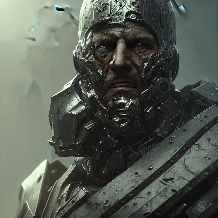 Epic Character design, strong Male void soldier wearing metal armor silver/black/dark gold, mist, photorealistic, octane render, unreal engine 5 style, ultra detailed, volumetric lighting, Organic Horror, old man with helmet scarred face with beard, far shot, army behind the main character