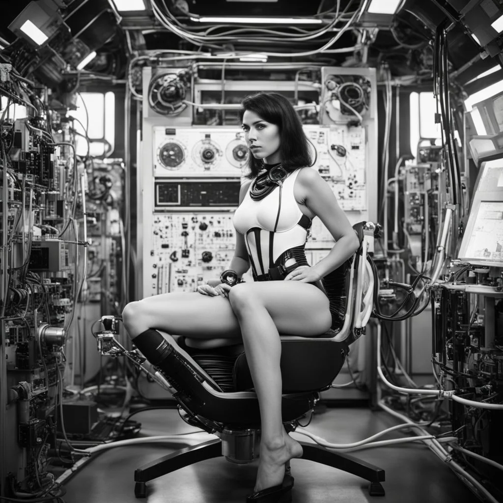 Black and white, retrofuturism, and sci-fi photograph of a woman in_undies with sleek, dark hair, wearing a form-fitting, high-tech harness with mechanical components and cables. She is seated in a futuristic chair with complex machinery and wires connected to it. The setting appears to be a laboratory or control room, evoking a mid-20th-century vision of the future. High-detail, vintage aesthetic