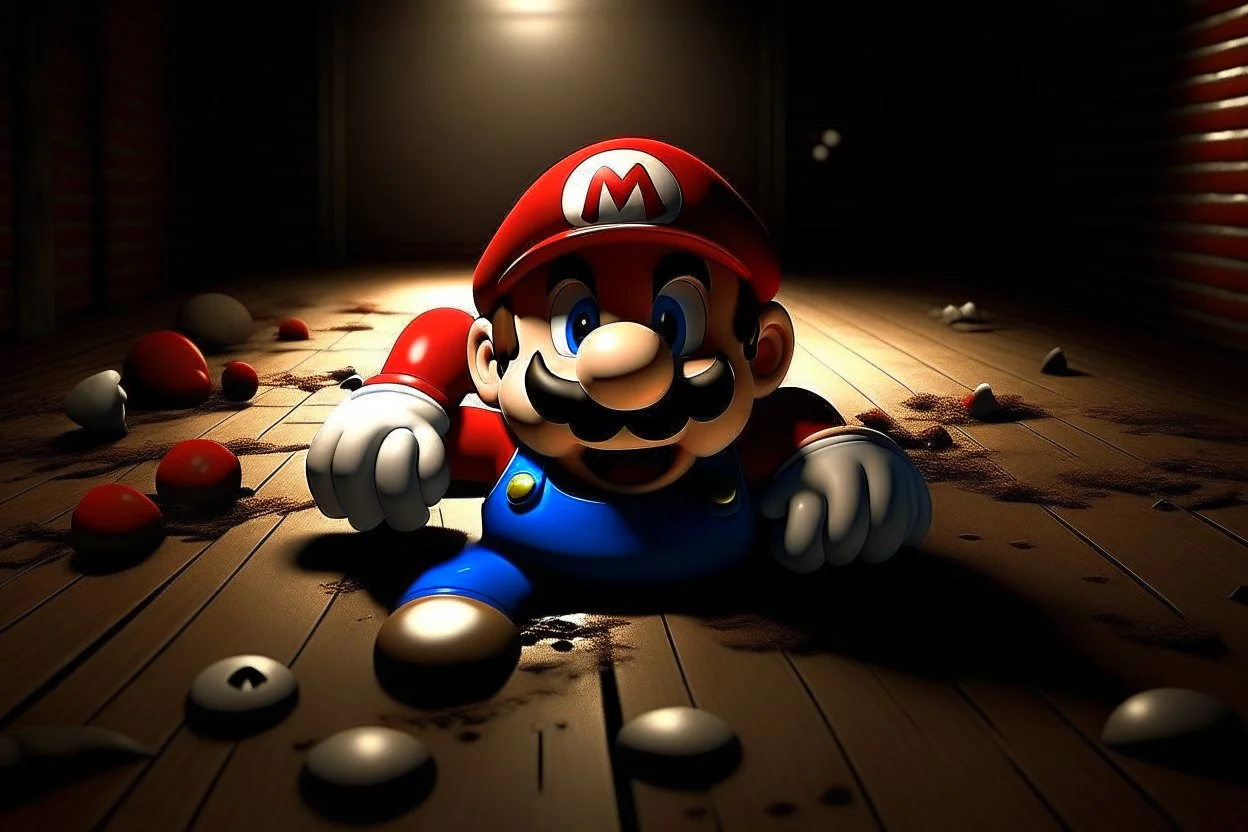 mario laying on the floor , super mad