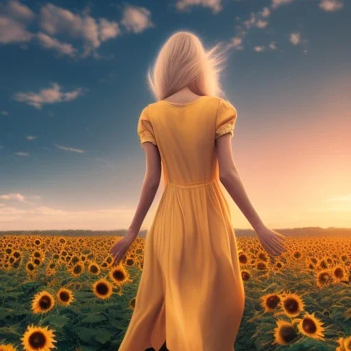 woman, blonde, sunflower field, sunset, back view, plain long light brown dress, windy, flower in hand