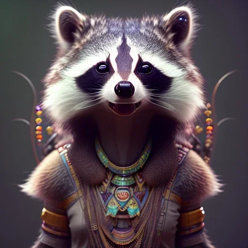 award winning portrait of a female anthropomorphic raccoon with tribal jewelry. character design by cory loftis, fenghua zhong, ryohei hase, ismail inceoglu and ruan jia. unreal engine 5, artistic lighting, highly detailed, photorealistic, fantasy