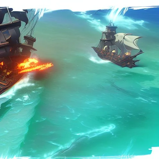 Two pirate ships fight each other at sea. Firing cannons. One ship is hit and burns after being hit.