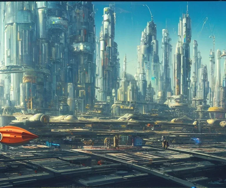 A docked Spaceship in the foreground on a Spaceport on a heavy industrialized planet with a vibrant city in the background, a docked spaceship in the foreground, art by John Berkey, buildings with glass facades, brutalist architecture, insanely detailed, vibrant, 8k uhd, cinematic atmosphere, ultra-wide angle, street level view, brush strokes, blue sky with clouds, sharp focus