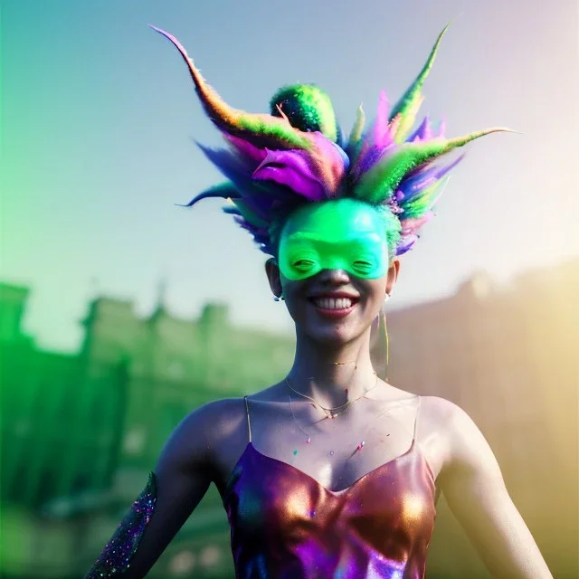 Ultra Realistic photo, medium shot view, drunken sweet dancer irish woman, carnival scene, monster hair, steampunk style. Green hair, confeti, smile, happy, festival, ovnis, gradient color fog. highly detailed, concept art, unreal engine 5, ray tracing, RTX, lumen lighting, ultra detail, volumetric lighting, 3d, finely drawn, high definition, high resolution.