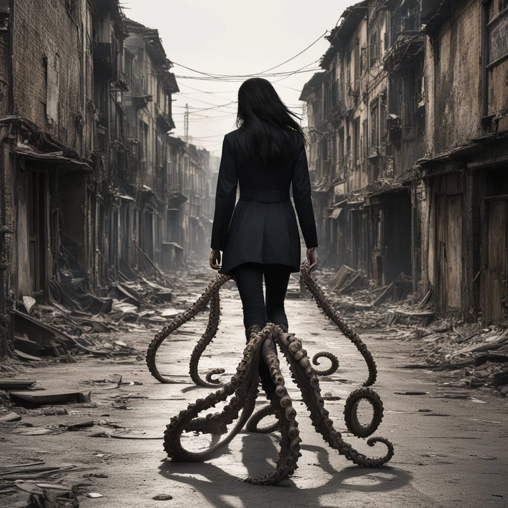 a woman with dark hair walking on octopus legs, down a derelict street