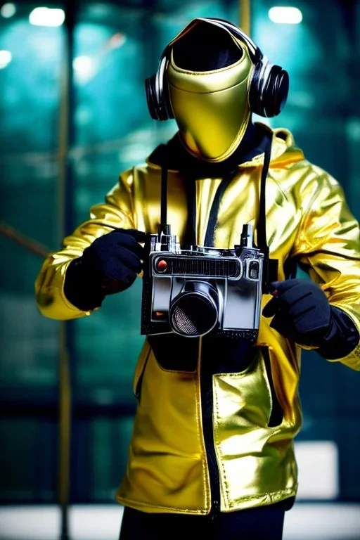 Metallic Cyber-punk style camera-mask and headphones. Large fencing mask covers cheeks. Trim man. Reflective plastic body surface, golden skin, full-coverage. Head full of integrated old-fashioned cameras and old telephones. Golden to cyan surfaces body. Perfect body, thick thighs and calves. Selfie, Selfies, mirror. Camera lenses cover the body. Mathematical equations, Euclidean 3D-tiling, Escher tiling. Soviet propaganda in 1990's. Cables in head. Daft Punk. Matrix.