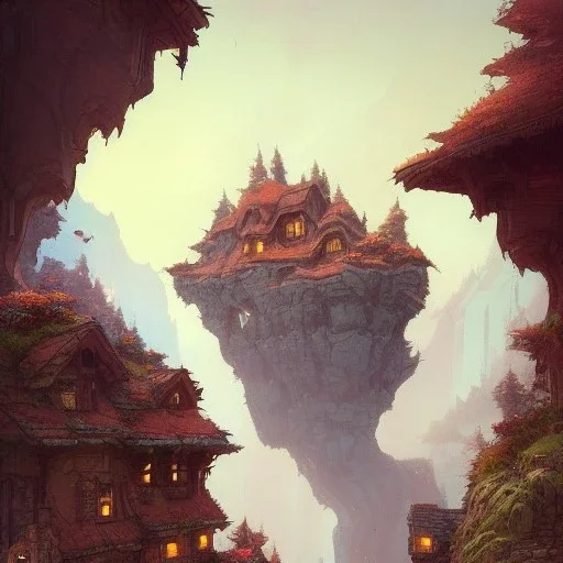 Chalet on bridges between chasm,mountains cliff+detailed facades+beautiful,richly detailed houses,trees,ornamental flowers +uphill road+biopunk+Book illustration by Gediminas Pranckevičius, Jean Baptiste Monge, Brian Kesinger, Anton fadeev, strong lines, high contrast vibrant colors, highly detailed, 16k resolution