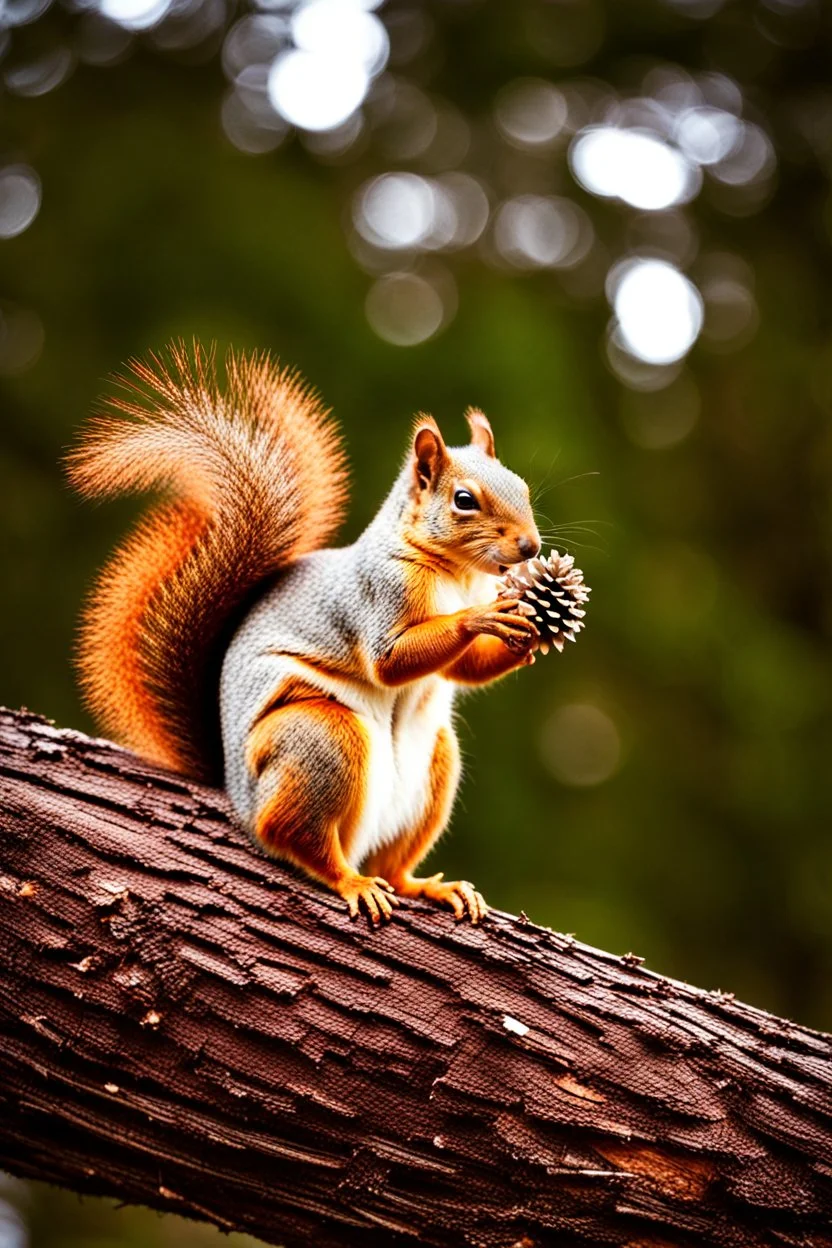 A squirrel is sitting on a pine tree in the forest, holding a pine cone