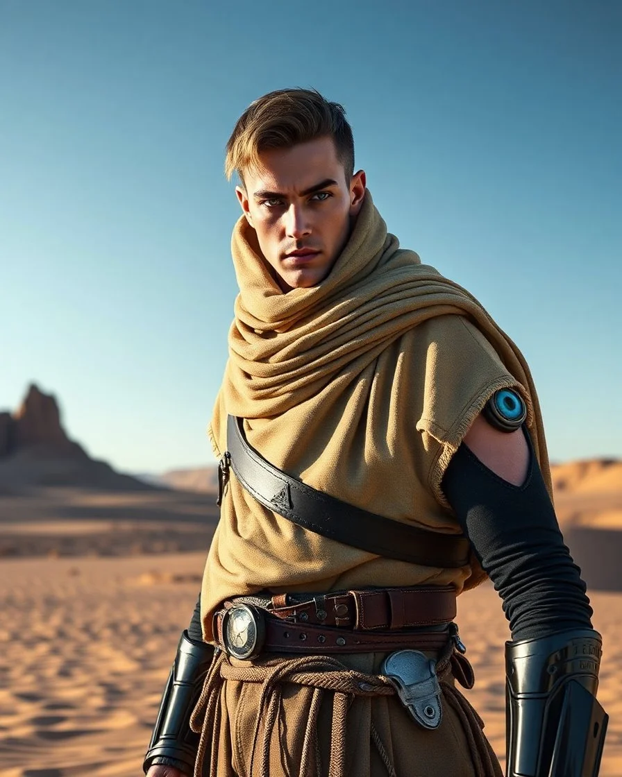 Dune Movie Character fullbody stand on the desert Young Man Warrior futuristic clothing deep blue eyes in Dune Movie Character