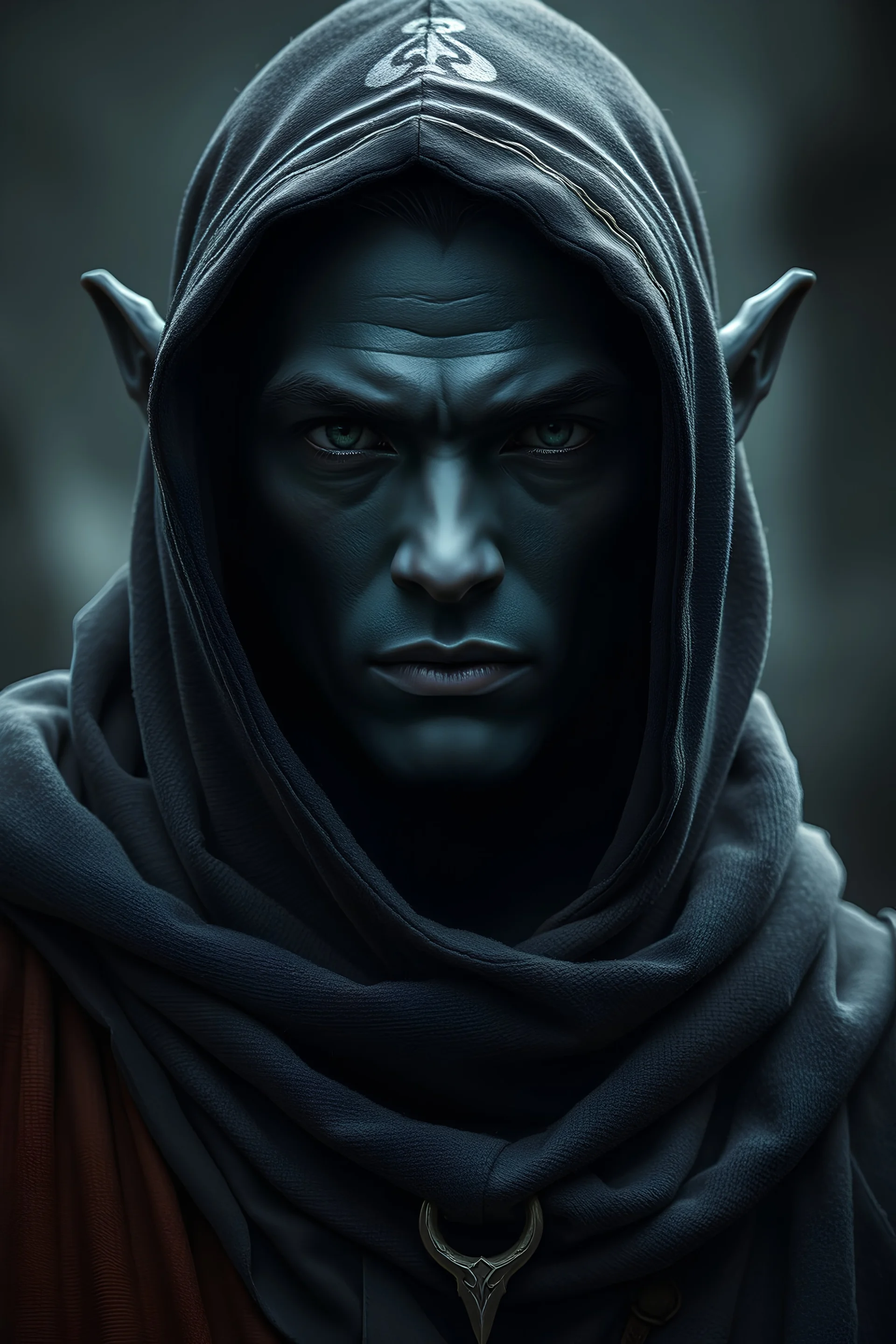 Portrait of a dark elf dark skin male hooded