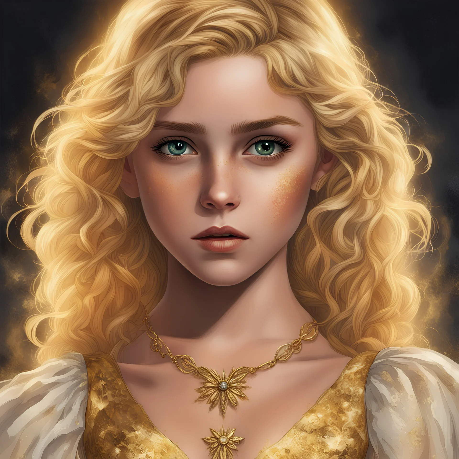 La couverture présente Permelia, une adolescente blonde boucle d'or aux traits marqués par la tristesse et la peur, arborant une grande broche dorée sur sa robe. Ses yeux sombres expriment une profonde détresse, tandis qu'une lueur dorée émane au-dessus d'eux, symbolisant le déclencheur de la tragédie. L'atmosphère du village est chargée de désespoir et de méfiance, soulignant le contraste entre la lumière et l'obscurité, la beauté et la laideur.