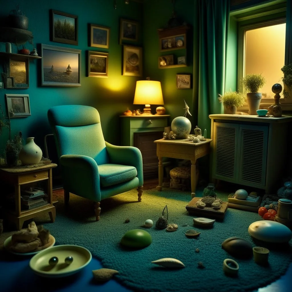 Detailed cozy living-room made of modeling clay, odd furnitures, naïve, strong texture, TV studio 1950's shot, extreme detail, Max Ernst, green and blue moody colors, sparkles, Yves Tanguy, odd