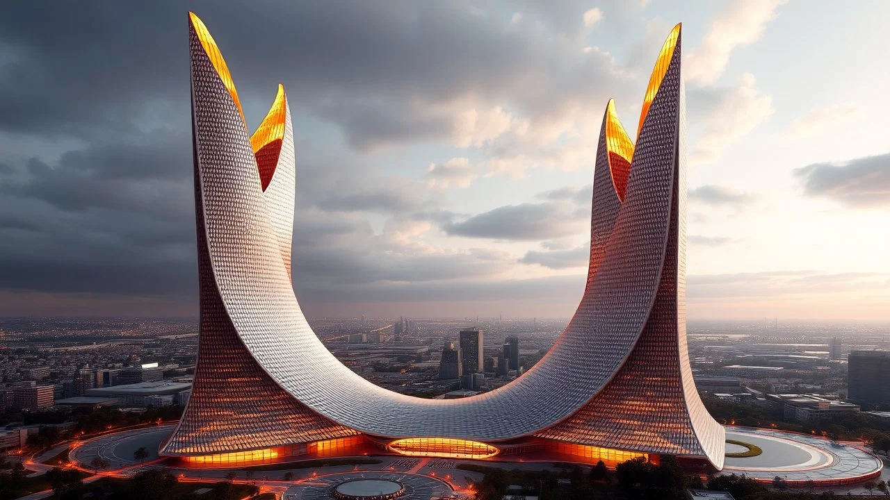 The building design, which consists of three flame-shaped towers, each with a different function, set in a triangular shape are visible from many points in the city. The design was conceived as a set of flames, ejected from the earth