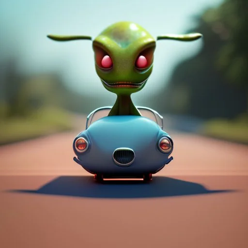 a cartoon alien driving a car down a road, a character portrait by Mike Winkelmann, featured on cgsociety, pop surrealism, rendered in cinema4d, daz3d, behance hd