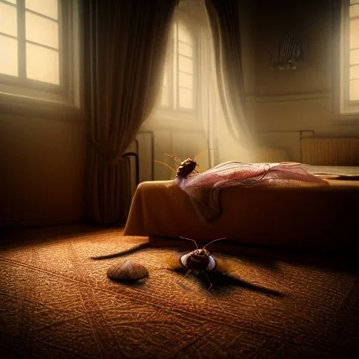 cockroach on a bed under a bedsheet, 8k resolution, high-quality, fine-detail, intricate, detailed matte, digital art, volumetric lighting, illustration, 3D octane render, brian froud, howard lyon, selina french, anna dittmann, annie stokes, lisa parker, greg rutowski