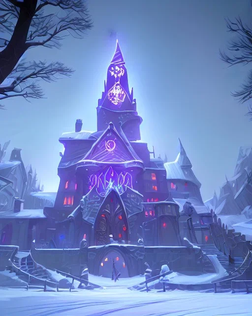 A magical snowy warlock castle in Christmas