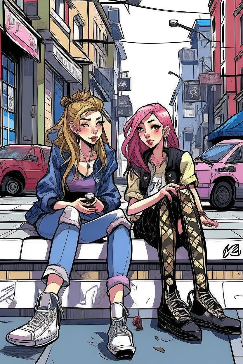 çizgi roman tarzıiki kız beraber sokakta oturuyorlar yaşları daha büyük liseliler daha renkli kızlardan birinin saçı kabarık diğerininki ise biraz uzun geniş açı ikisininde vücudu tam görünsün 2 boyutlu çizgi roman tarzı koyu gölgelendirme ayakları düzelt