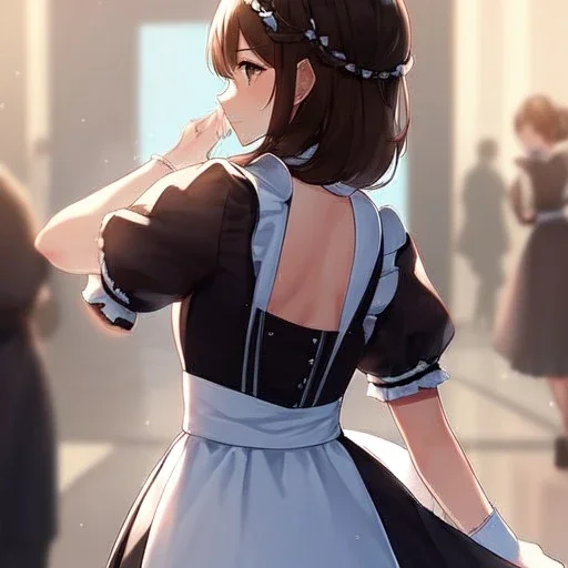 Clear focus, High resolution, girl wearing a maid outfit, medium length dark brown hair, back view