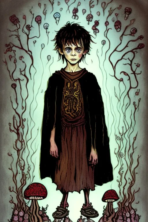 7 year old boy, friendly, looks dead, with weird mushrooms growing out of him, wearing black robes, in the style of Clive Barker