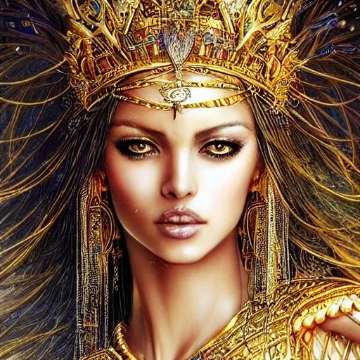 Beautiful egyption queen, surrounded by gold, gold coins rain down "Candy,luis royo, artgerm, Incredibly detailed, soft vibrant colors, Hyper-Realistic, Hyper-Detailed, dark aura, gold and black hue, supple, perfect face, perfect eyes, perfect proportions"