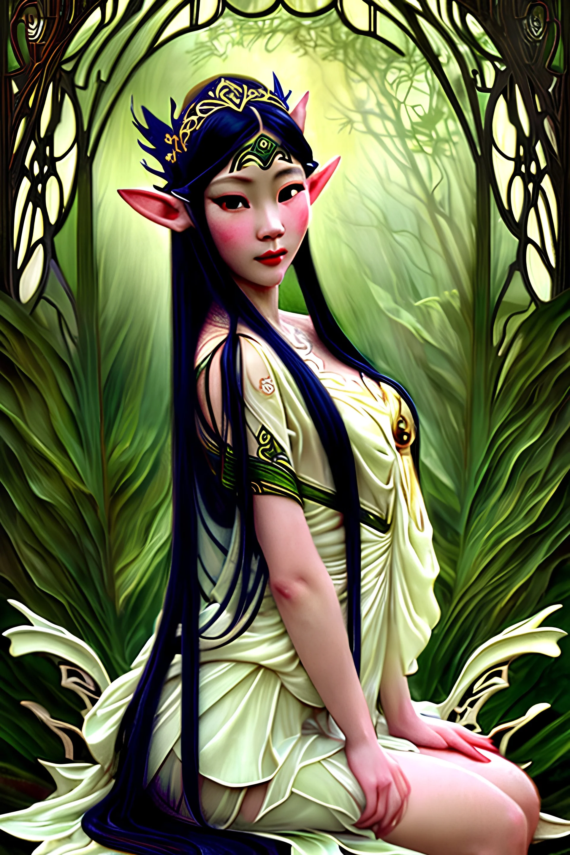 Art Nouveau art style A beautiful as a model asian woodland elf princess who looks like a young Lucy Liu seated on a throne in a mystical forest, photo-realistic