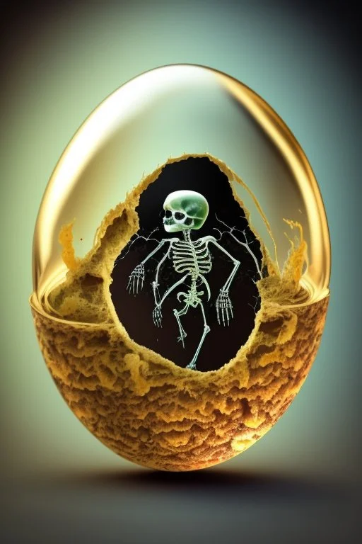 a haunting image of an embryonic human skeleton emerging from a cracked egg