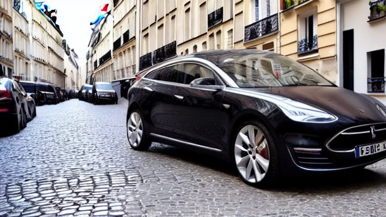 A Tesla's 'Model S Plaid' is parked, at the 'Sacre Coeur', in Paris. CINEMATIC. WIDE ANGLE LENS. PHOTO REAL.